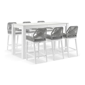 Hugo Outdoor Ceramic 2m Rectangle Aluminium Bar Table White With 6 Rope Stools & Textured Olefin Grey Cushions