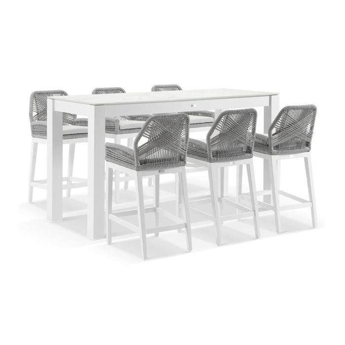 Hugo Outdoor Ceramic 2m Rectangle Aluminium Bar Table White With 6 Rope Stools & Textured Olefin Grey Cushions