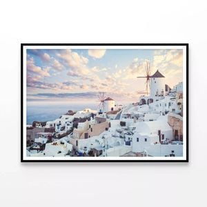 Wind Mills in Oia Town & Clouds  Print 100% Australian Made 90x60cm  (Poster)