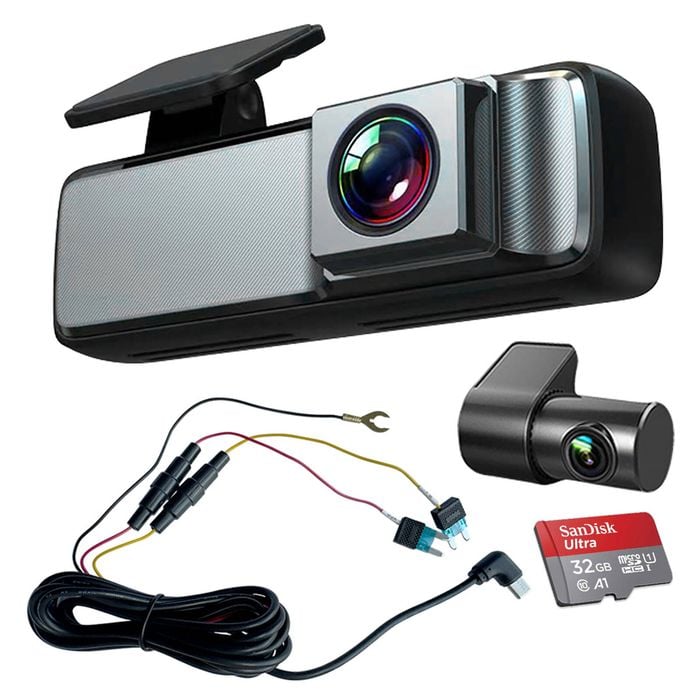 Elinz Dual Lens No Screen Dash Cam 1080P+720P WiFi App Control Supercapacitor Compact Discreet Car DVR 32GB Hardwire Kit