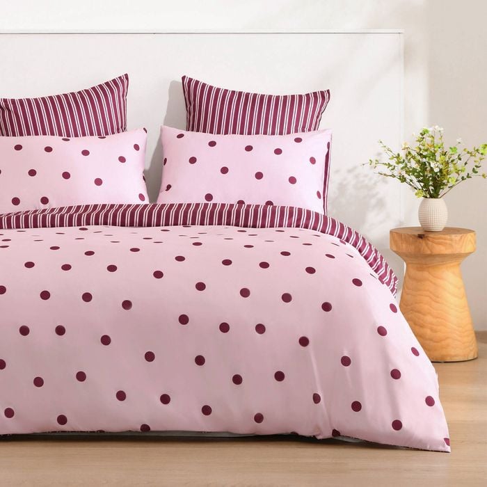 Dreamaker Pippa Polka Dot & Stripe Reversible Quilt Cover Set Pink/Plum Queen Bed