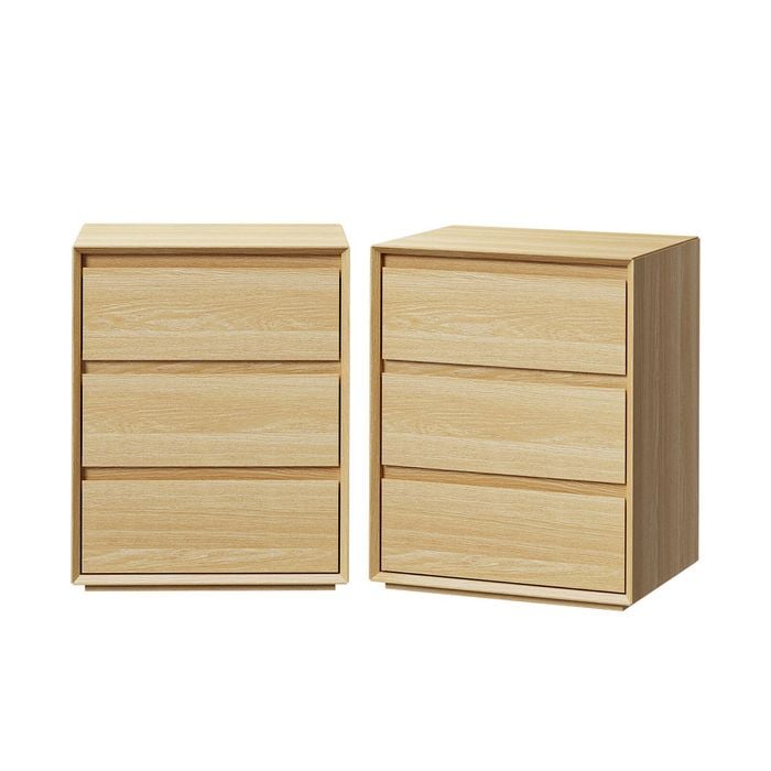 Oikiture 2pc Bedside Table 3 Drawers Nightstand Side Storage Handle-free Natural