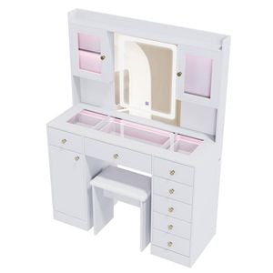 Ufurniture Makeup Vanity Desk with Mirror & LED Lights Glass Desktop 7 Drawers & 3 Cabinets Power Outlet