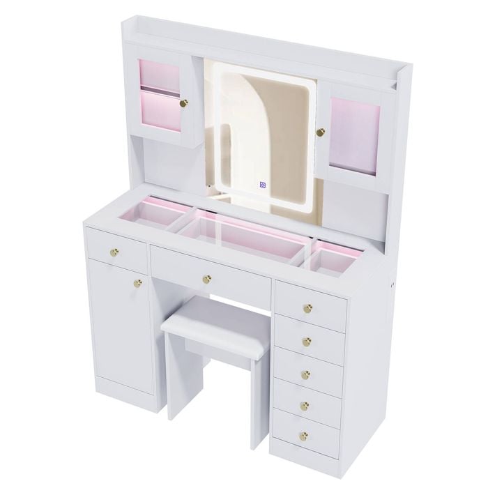 Ufurniture Makeup Vanity Desk with Mirror & LED Lights Glass Desktop 7 Drawers & 3 Cabinets Power Outlet