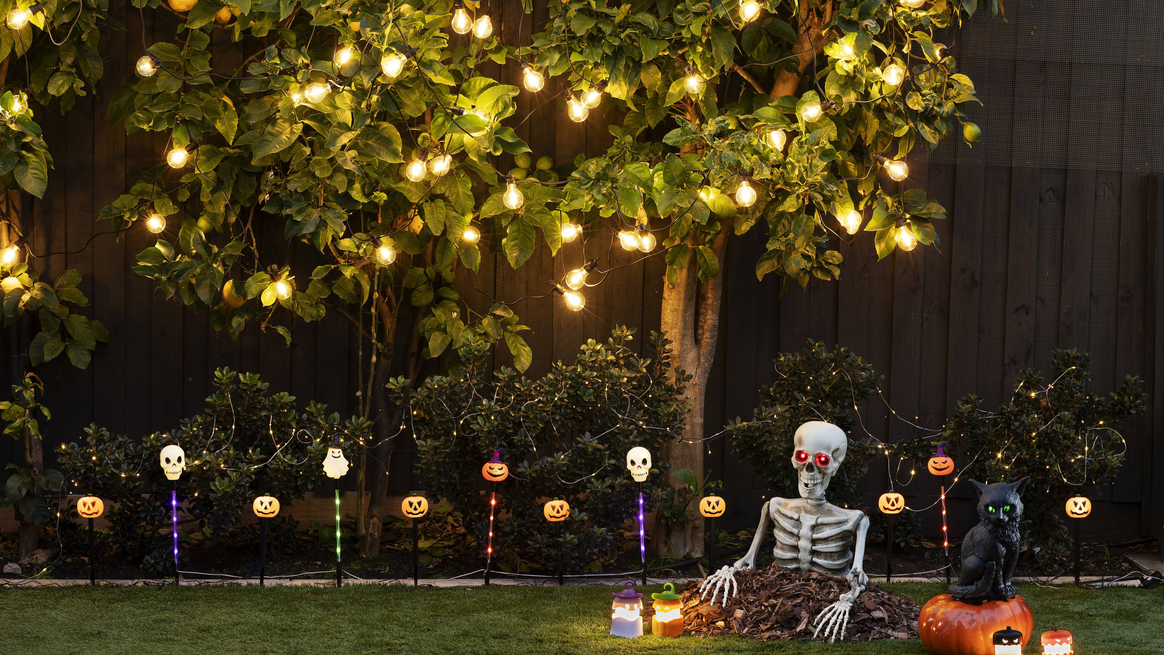 A backyard decorated for Halloween with glowing string lights in a tree, a skeleton with red eyes sitting among leaves, a black cat on a pumpkin, and illuminated pumpkin and skull decorations along the fence.