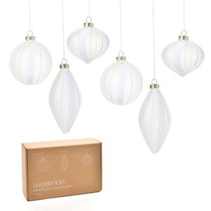 Sherwood Christmas Glitter Stripe Frosted Glass Mixed Shape Baubles (6 Pack) White