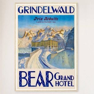 Galrie Bear Grand Hotel Vintage Travel Poster from Grindelwald, Switzerland Artwork, Wood Frame, A3 30 x 42cm (12 x 16inch)