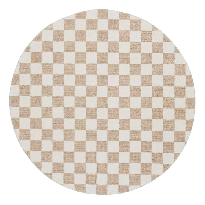 Loopsie-160cm X 160cm-jazine Cream And Brown Chequered Washable Round Rug