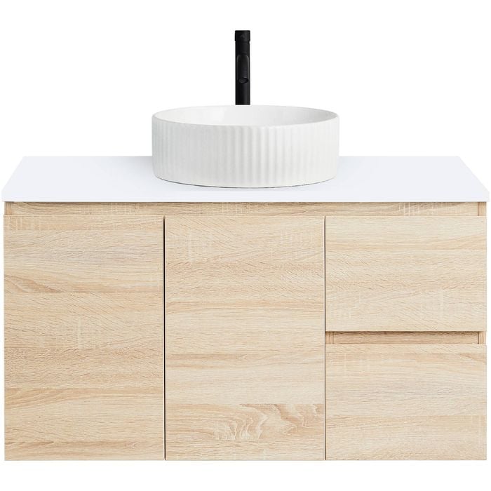 CIBO 900mm Coast Veneer Nordic Wall Hung Bathroom Vanity With White Gloss Fluted Basin