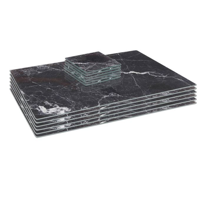 12pc Glass Placemats & Square Coasters Set - 40 x 30cm - Black Marble Effect - Dining Table Protection Place Mats Coasters
