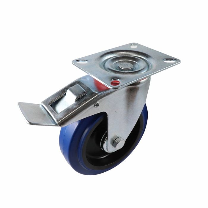 Easyroll 125mm 150kg Blue Elastic Rubber Swivel Plate Castor With Brake