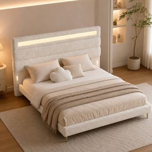 Ufurniture Teddy Fleece Queen Cloud Bed Frame with LED Lights & Dual Charging Ports Upholstered White