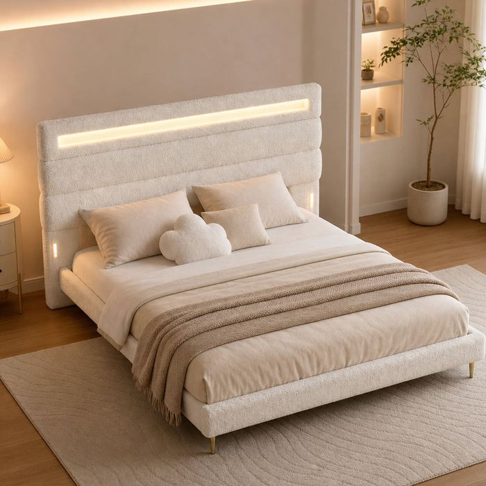 Ufurniture Teddy Fleece Queen Cloud Bed Frame with LED Lights & Dual Charging Ports Upholstered White