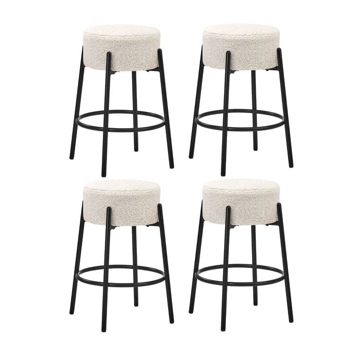 Oikiture 4x Bar Stools Boucle Fabric White Round