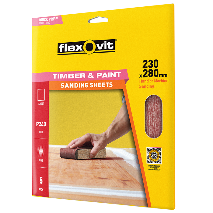 Flexovit 230x280mm 240 Grit Timber and Paint Sanding Sheets 5pk