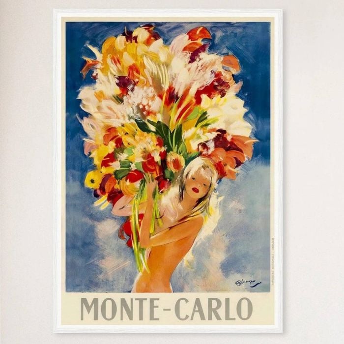 Galrie Monte Carlo Vintage Travel Poster with Bouquet of Flowers Art for Home Décor, White Frame, A1 60 x 84cm (23 x 33inch)