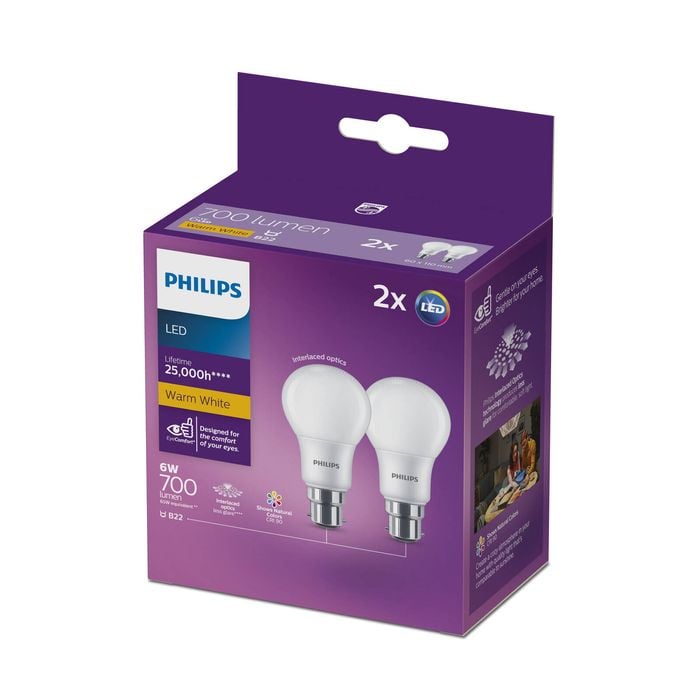 Philips A60 B22 LED 700lm Warm White 6W Globe - 2 Pack