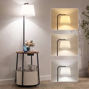 Advwin Floor Lamp with Table Round Side Table End Table with Lamp Walnut