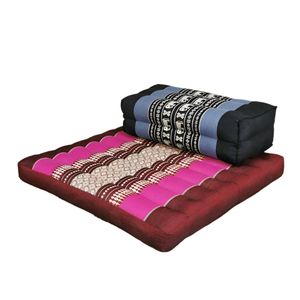 Foldable Meditation Cushion + Seating Block Set| Handmade Thai Kapok Floor Mat | Pink Seat & Navy Block