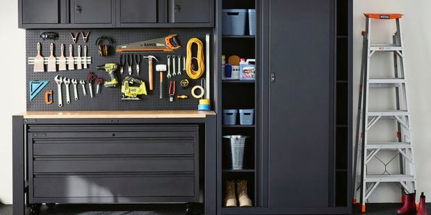 Garage cabinets and storage.