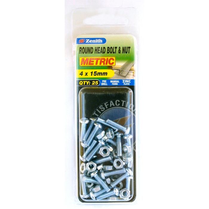 Zenith 4 x 15mm Zinc Plated Round Head Bolt And Nut - 25 Pack