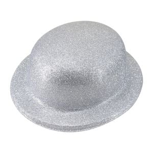 GLITTER BOWLER HAT Fancy Party Plastic Costume Cap Fun Dress Up Sparkle - White/Silver - White/Silver | Glitter Bowler Hat