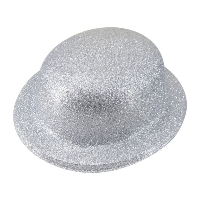 GLITTER BOWLER HAT Fancy Party Plastic Costume Cap Fun Dress Up Sparkle - White/Silver - White/Silver | Glitter Bowler Hat