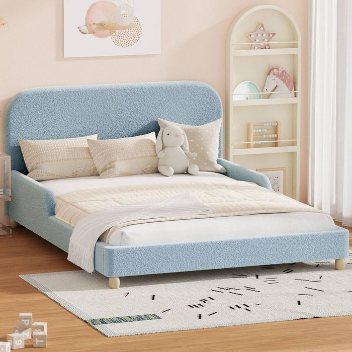Oikiture Kids Bed Frame Double Size Side Guard Rails Boucle Blue