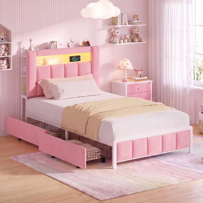 Advwin King Single Upholstered Velvet LED Bed Frame with Hidden Storage Pink