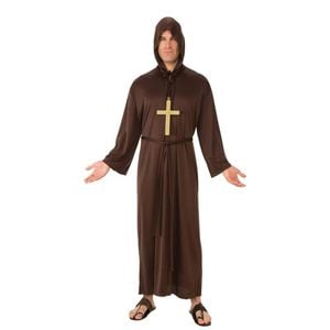 Monk Halloween Costume Adult Brown Hooded Robe with Cross Necklace and Waist Belt, Extra large