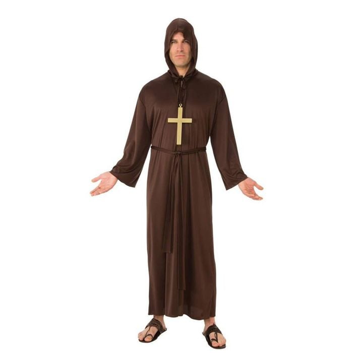 Monk Halloween Costume Adult Brown Hooded Robe with Cross Necklace and Waist Belt, Extra large