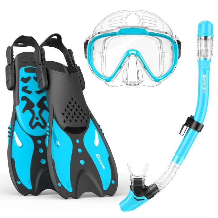 EMSINA Snorkel Set Mask Fin Trek Fin Dry Top Snorkeling Gear Adults Travel Bag (Sky Blue M/L)