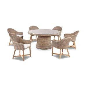 Plantation 6 Seater Dining Table Brushed Wheat With Coastal Outdoor Wicker Chairs & Cream Cushions