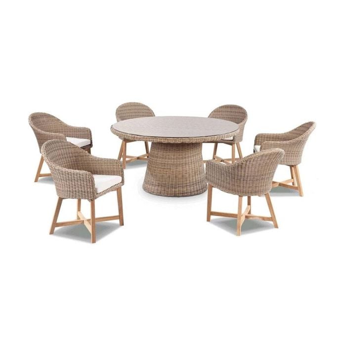 Plantation 6 Seater Dining Table Brushed Wheat With Coastal Outdoor Wicker Chairs & Cream Cushions