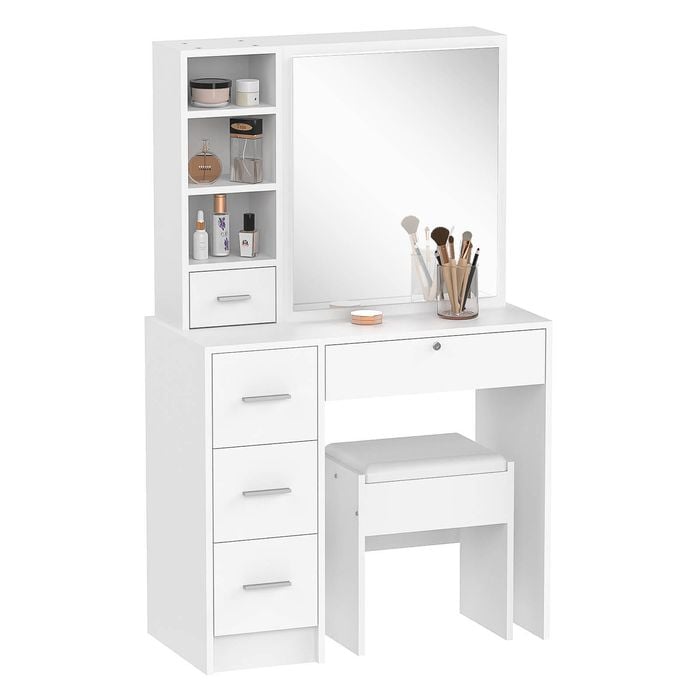 Ufurniture Dressing Table Set with Slide Mirror and Stool White