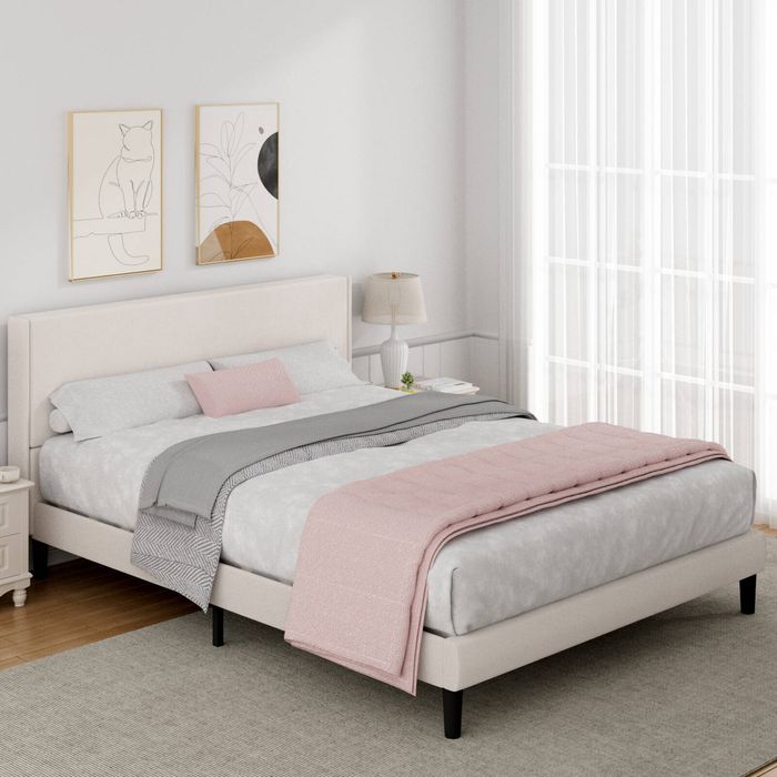 Advwin Bed Frame Queen Size Mattress Base Upholstered Platform Beige