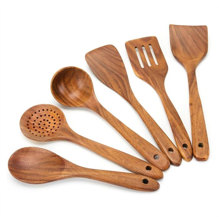 Catzon 6 Pcs Wooden Cooking Spoon Set Smooth Teak Cutlery-a