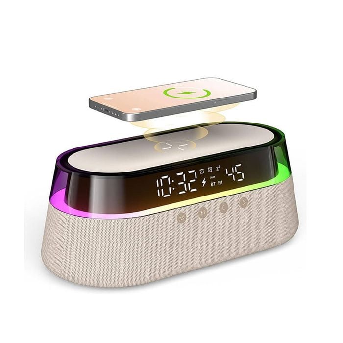 Catzon Alarm Clock Wireless Charging Night Light Bluetooth Speaker-beige