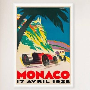 Galrie Monaco Grand Prix 1932 Vintage F1 Racing Poster Classic Motorsport Artwork, White Frame, A0 84 x 119cm (33 x 47inch)