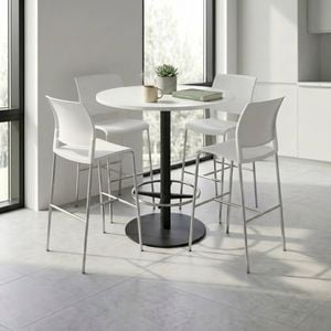 Olg Bar Leaner Bundle: Disc Base 1050mm Round Bar Leaner Black Frame White Top + 4 Game Plain Shell Barstools White
