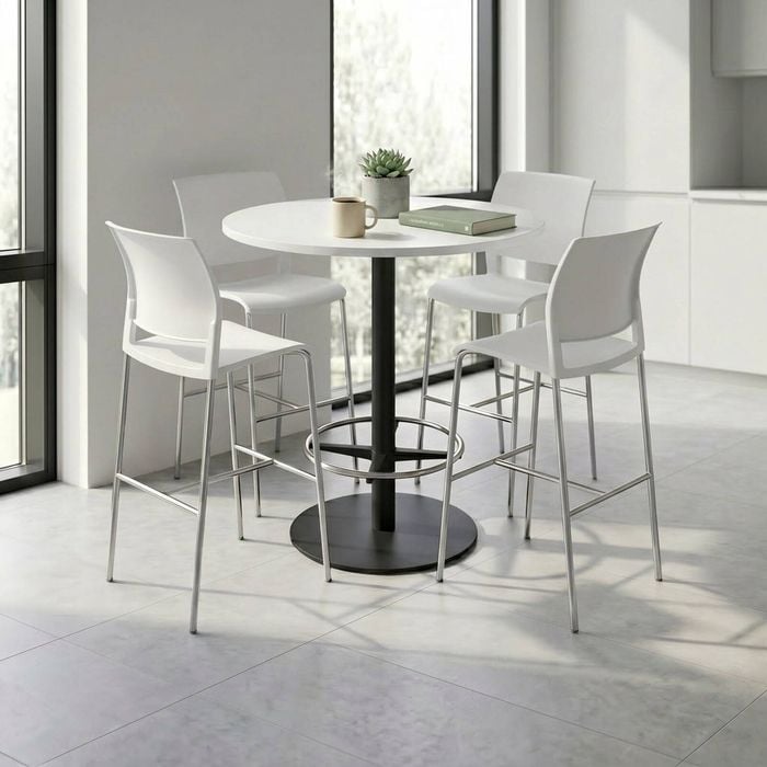 Olg Bar Leaner Bundle: Disc Base 1050mm Round Bar Leaner Black Frame White Top + 4 Game Plain Shell Barstools White