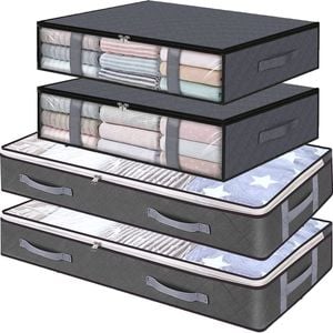 4-Pk Under Bed Storage Bags w/ Clear Window & Handles - Grey