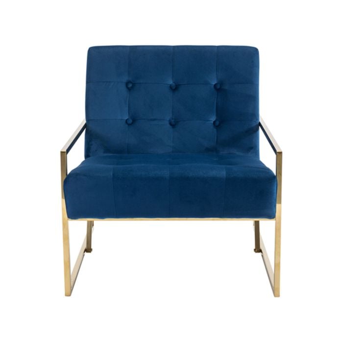 Arm Chair Velvet Upholstery Blue Colour Wooden Frame High Density Foam Metal Base with Gold Paint
