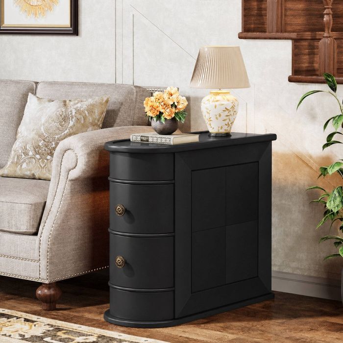 OAKORY 60cm Solid Wood Side Table with Two Drawers and Black Finish