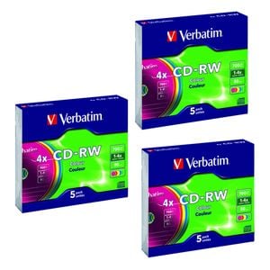 15pc Verbatim CD-RW 700MB 2x-4x Speed Rewritable Blank Disc w/Colour Slim Case