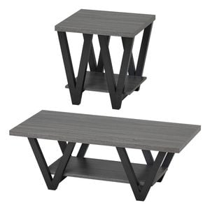 Familand 2 Piece Wooden 120cm Coffee Table Set with Small Side Table in Dark Grey