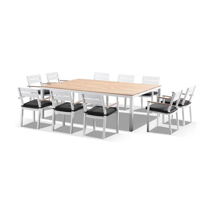 Tuscany 10 Seat Table Capri Chairs Teak Arm Rests White & Denim Grey Cushions