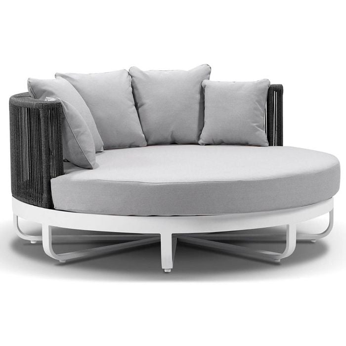Cannes Outdoor Round Aluminium And Rope Daybed Sun Lounge White & Carbon Grey Rope/olefin Cushions