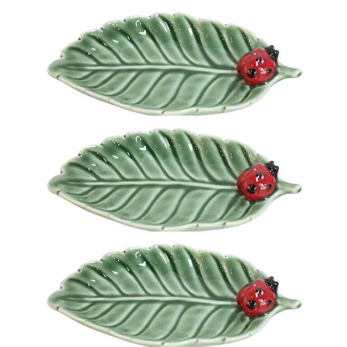 3PK Urban Ceramic Ladybug Leaf Decorative Trinket Dish 18x9cm Green/Red