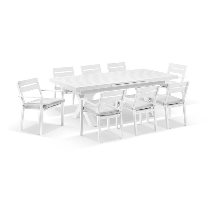 Austin Outdoor 2.2m - 3m Extension Aluminium Table White With 10 Santorini Chairs & Olefin Grey Cushions